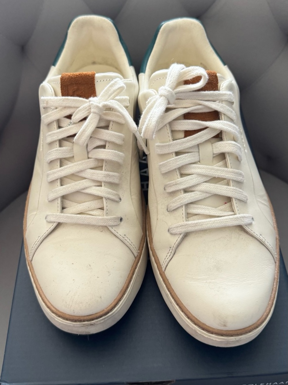 Women’s Cream Leather Low-Top Sneakers with green and brown Accents